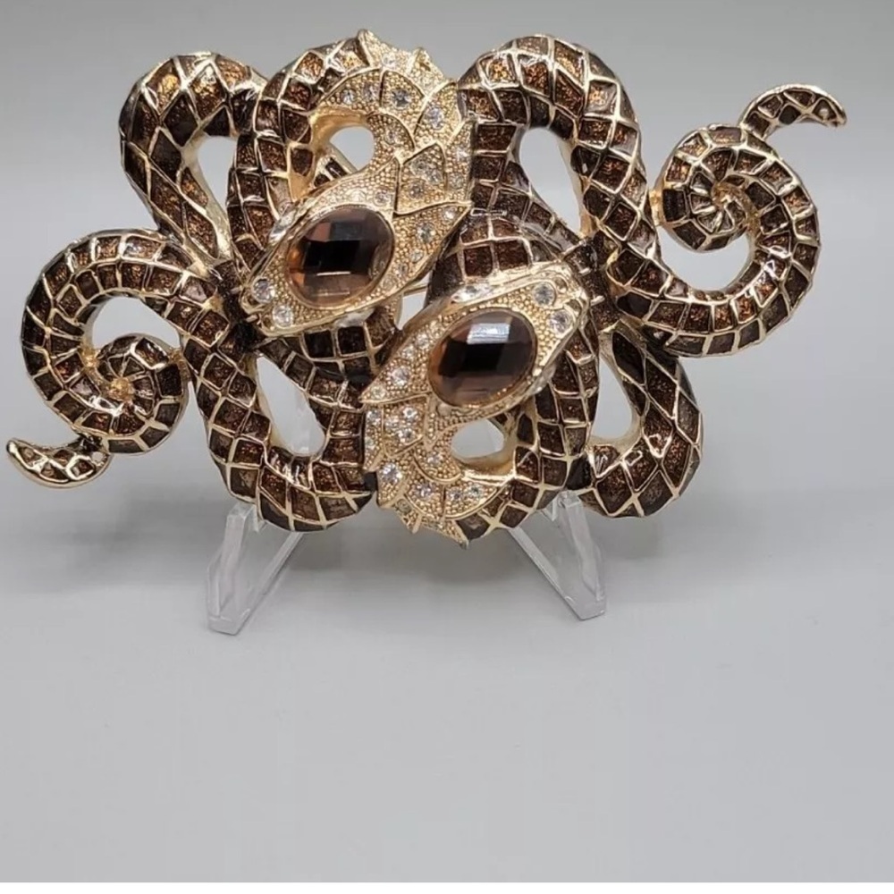 Vintage Extra Large Brown Enamel Double Snake Brooch Pin Pendant Crystals